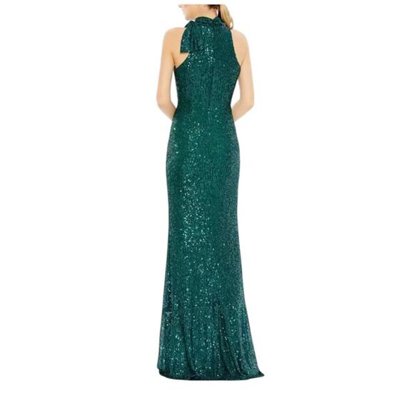 Mac Duggal Teal Sequined Soft Tie Halter Neck Column Gown Style 11280 Size 2 NEW - Picture 2 of 10